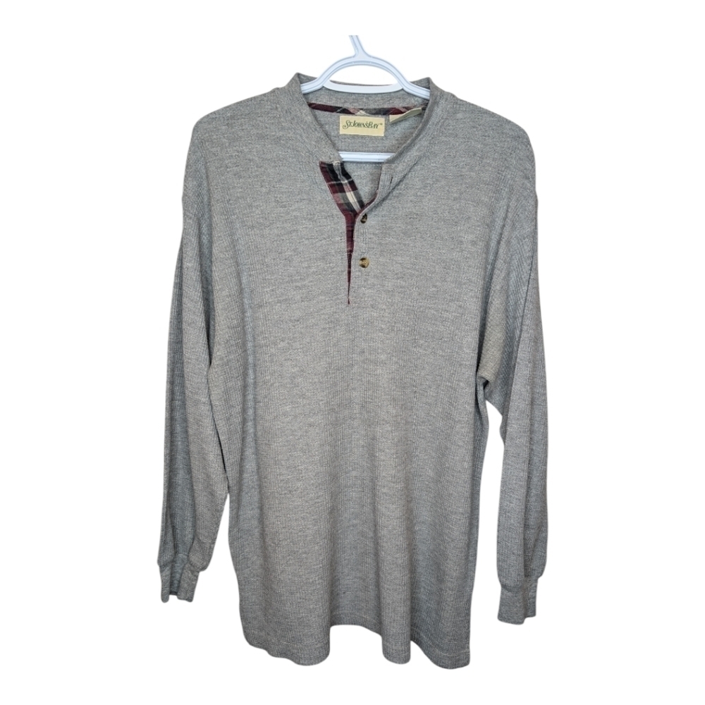 Vintage St. Johns Bay Grey Long Sleeve Waffle Knit Henley Top Men's Small